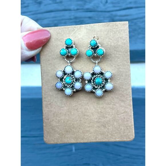 Turquoise Pink Opal Cluster Dangle Earrings Sterling Silver Southwestern 1.5” - Picture 2 of 6